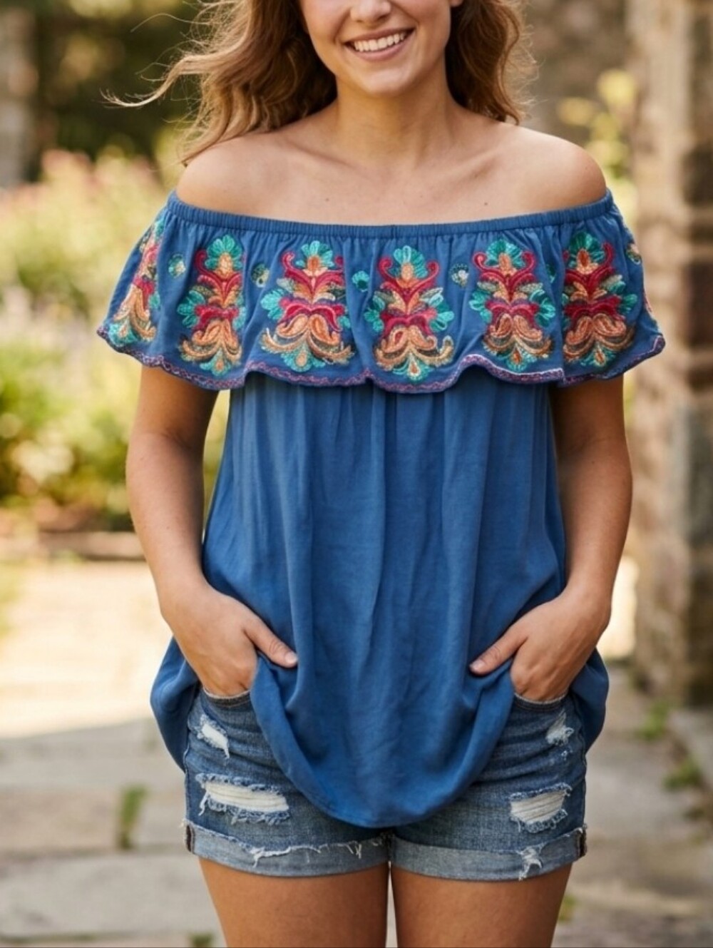 Surf Gypsy Off-the-shoulder Top Blouse Emboidery Blue Boho Summer Beach Festival